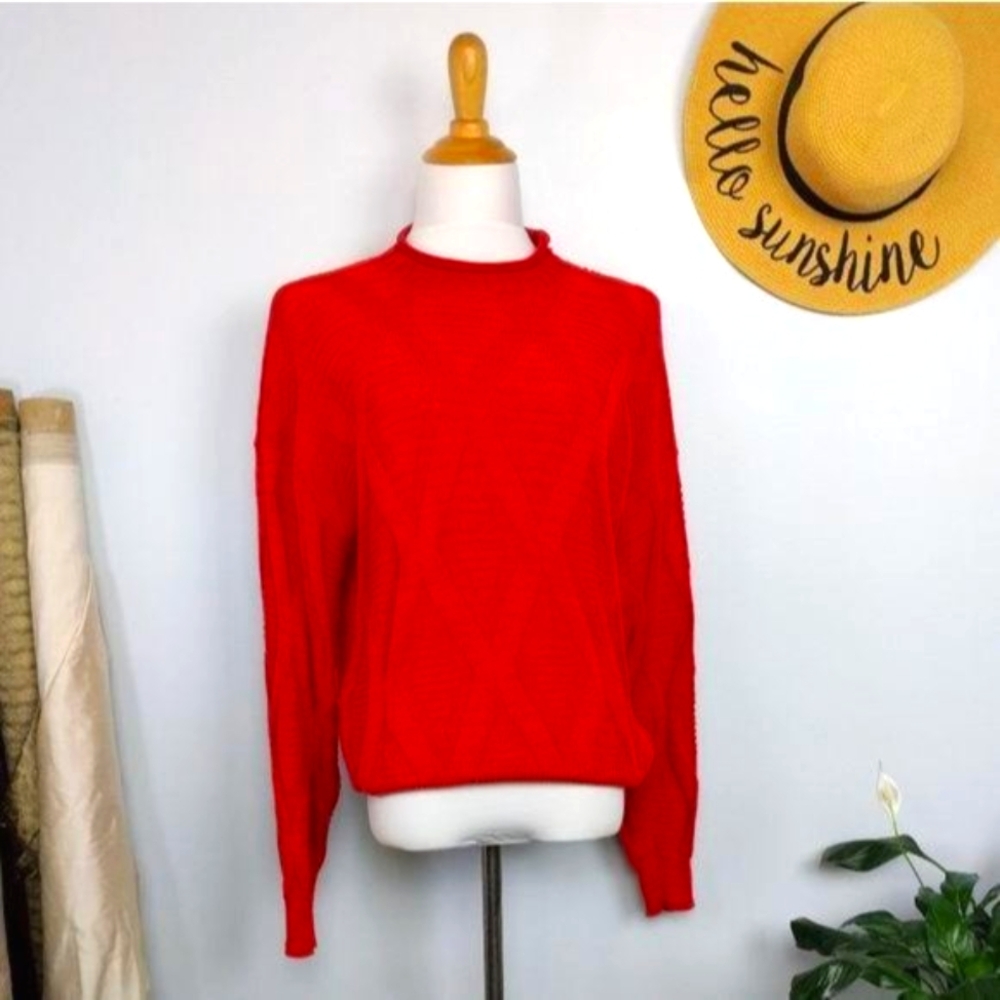 Vintage Sweater 100% Cotton Red Orange Rolled Collar